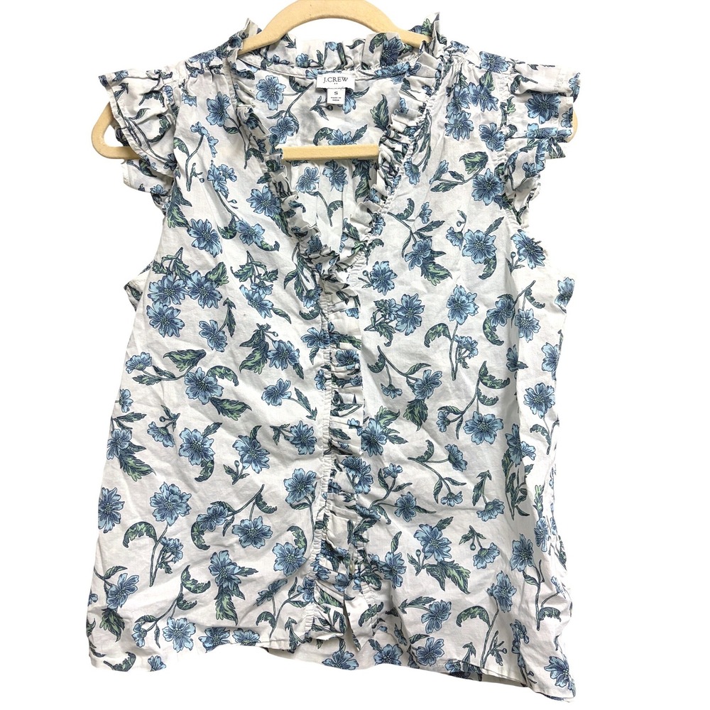J.Crew Ruffle Floral Cap Sleeve White Blue Top Blouse Cotton S